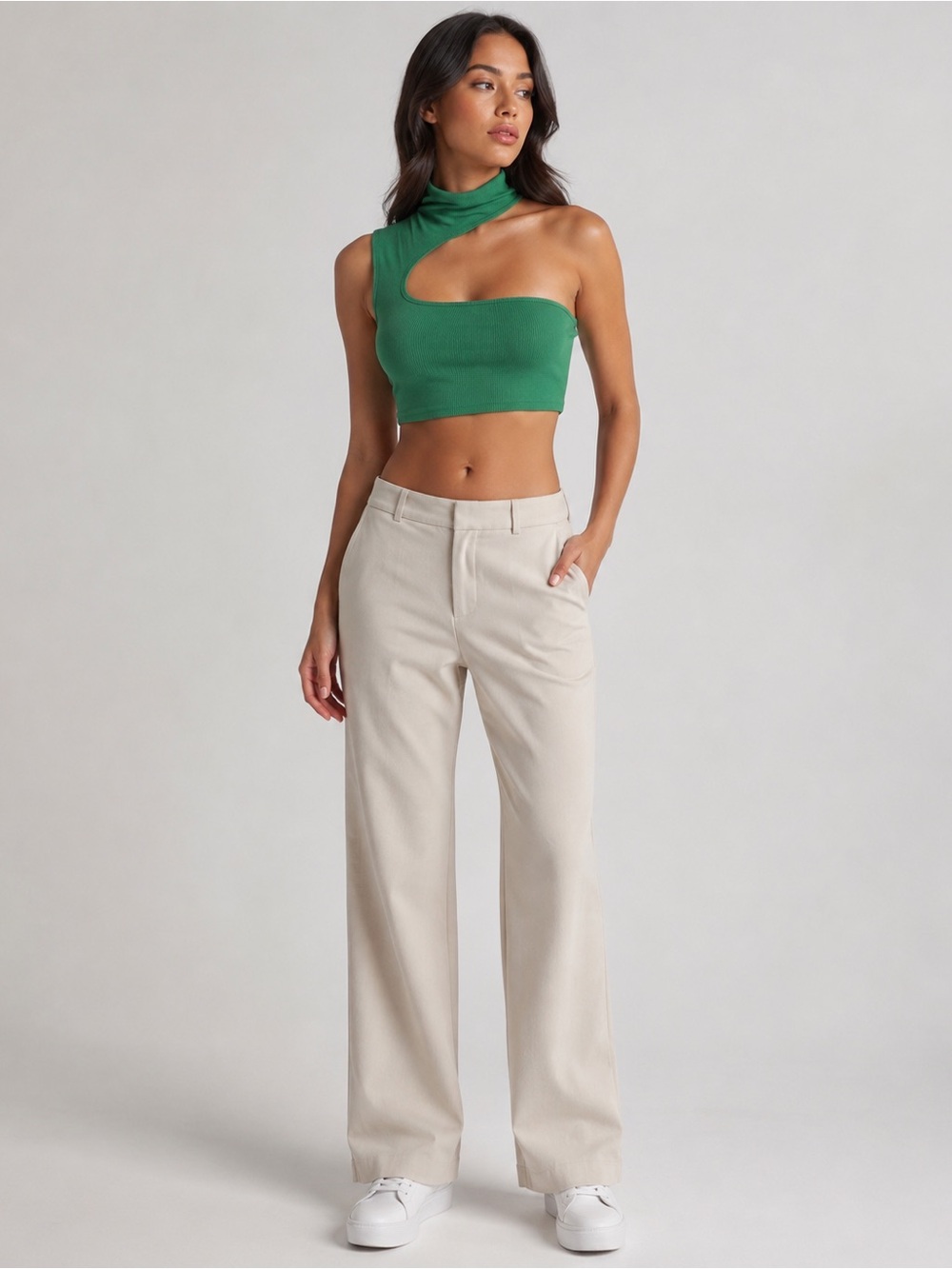 SHEIN Green Asymmetric Cut-Out Crop Top Size XS | Ribbed High-Neck Y2K Top